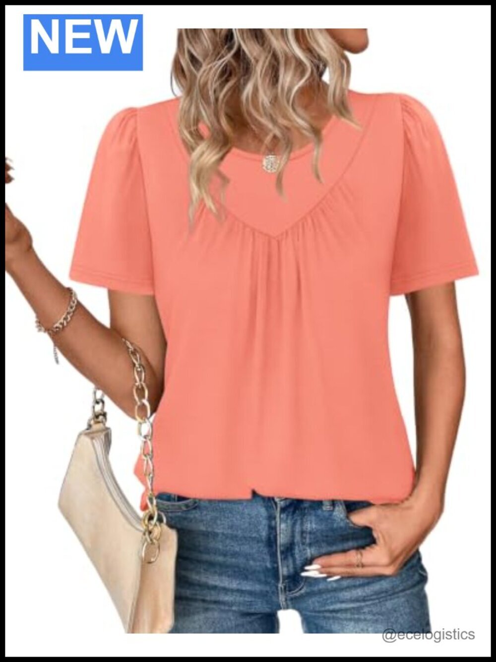 Pleated Puff Sleeve Crewneck Tee Loose Fit Summer Tunic Top Blouse